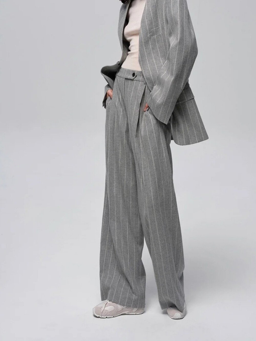 Commense Wool-Blend Pinstripe Tweed Pants Gray - Picture 3 of 9